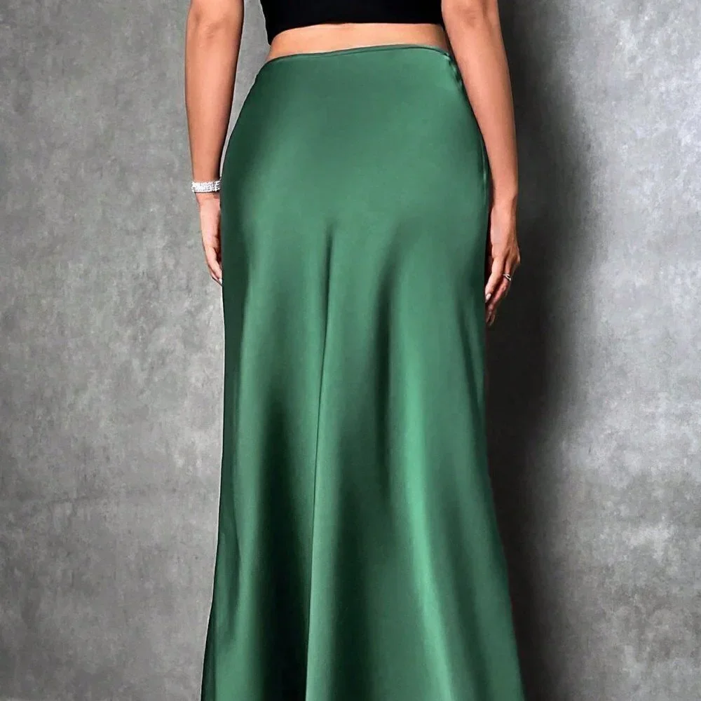 Army Green Casual Womens Solid Maxi Satin Skirt